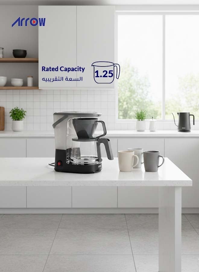 Arrow Coffee Maker, 8-10 Cup Drip Coffee Machine with 1.25L Glass Carafe, Easy-Grip Handle, Drip Stop, Non-Stick Warming Plate, Auto-Shutoff, Boil Dry Protection, Black + Grey, 750 Watts-2 years Warranty - Image 5